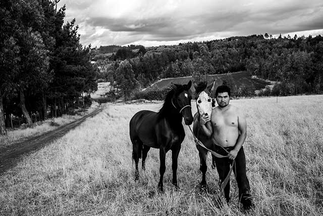 fotografia in bianco e nero di un uomo a torso nudo che tiene due cavalli con le briglie
