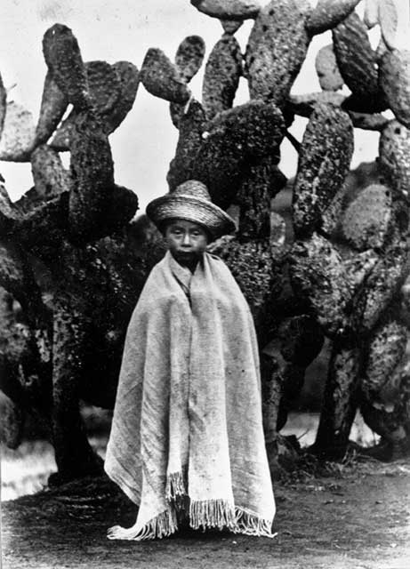 bambino con cappello e mantello davanti a cespuglio di cactus
