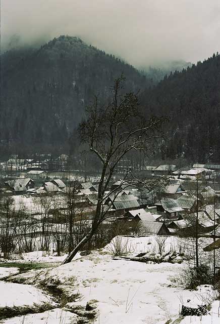 paesaggio innevato con montagne sul fondo
