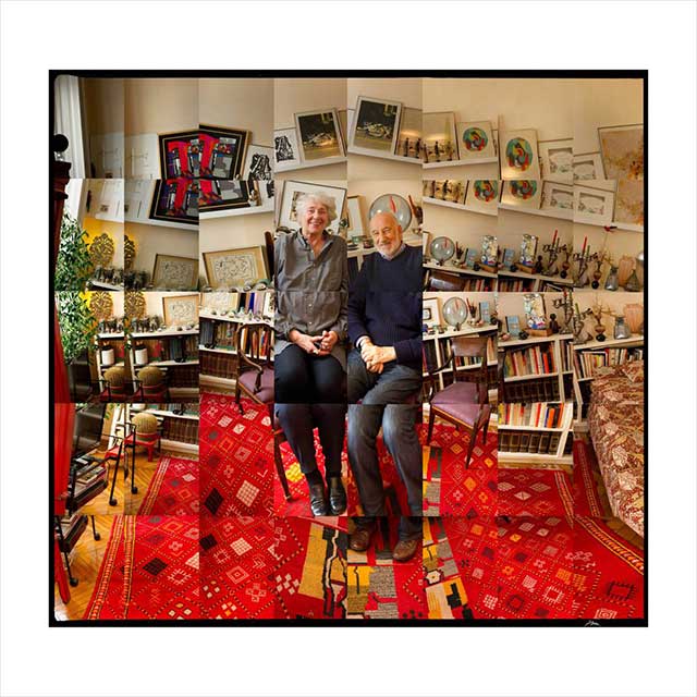 foto collage con ritratto di Gianni Berengo Gardin con una signora