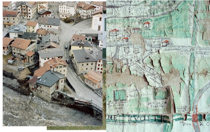 Immagine paese divisa in due con metà fotografia paese visto dall'alto e metà disegno del paese