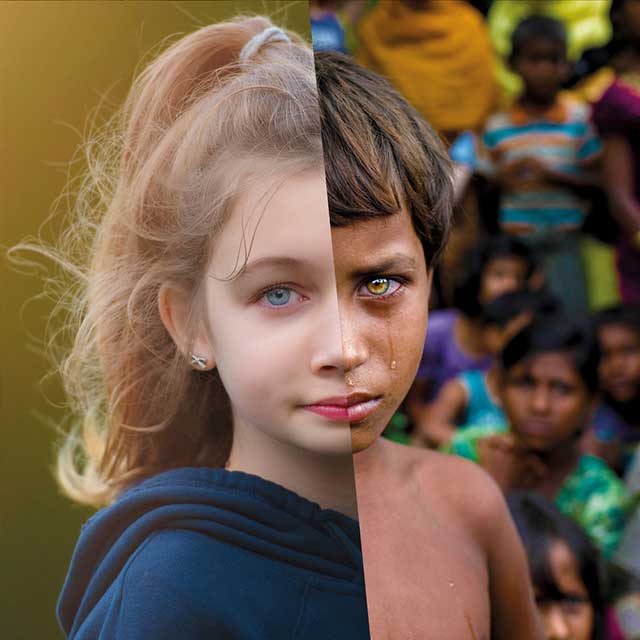Collage composto da due fotografie di una bambina bionda bianca sorridente e un'altra nera castana che piange