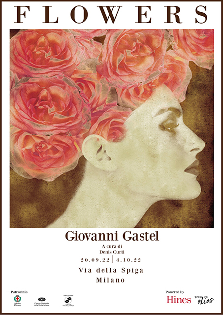 Giovanni Gastel Flowers locandina mostra con volto di donna di profilo con grandi rose in testa