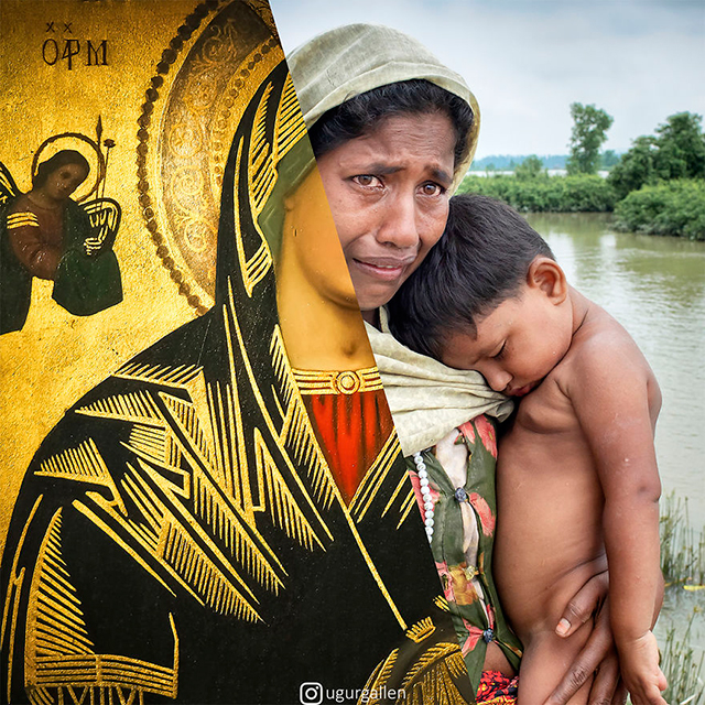 Ugur Gallenkus collage di due immagini che combaciano a sinistra un dipinto dorato di una madonna a destra una donna che piange con un bimbo piccolo nudo in braccio