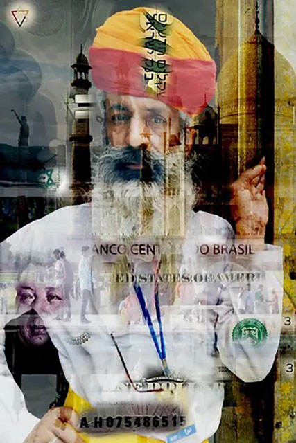 Davide Bramante Roma foto a colori di collage di immagini fra cui uomo con barba bianca e turbante scritte e foto di Mao