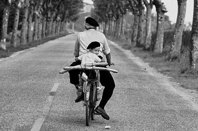 Elliott Erwitt Stupinigi foto in bianco e nero di uomo e bambino che tiene una baguette vanno in bicicletta lungo un viale alberato
