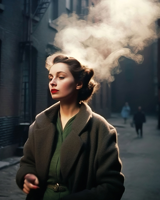 Phest 2023 Monopoli foto a colori di donna con cappotto e vestito verde che cammina per strada davanti a fumo bianco